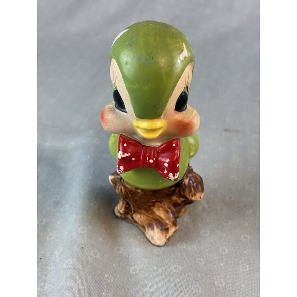VTG Arnart Japan Budgie Bird Shaker Figurine Green w Red Bow Porcelain Collector - Picture 2 of 8